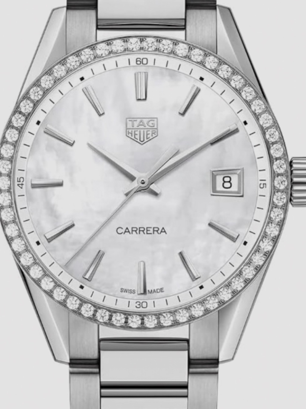 Tag Heuer Silver and White Diamond-Bezel Carrera Watch